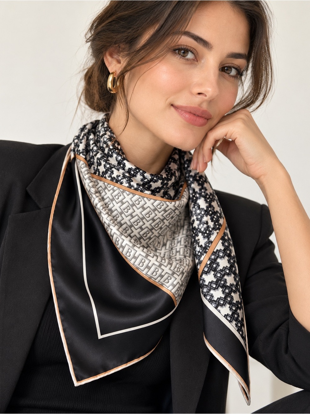 Beymen 100% Silk Monogram Geometric Print Scarf Black Ivory